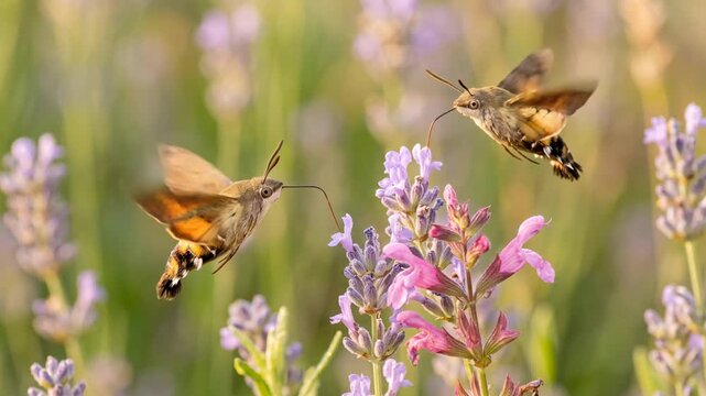 hummingbird hawk-moth extracting nectar from a flower close up at morning light in tuscany italy video