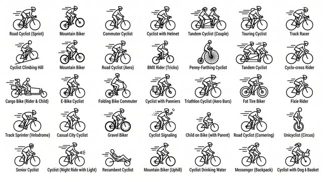 Set of bicycle line art icons showing various types of bikes and cycling activities