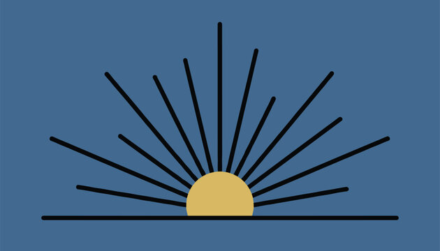 Minimalist design of a golden half sun rising above a black horizon with radiating linear rays against a dark blue background.