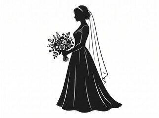 Fototapeta premium Bride in Elegance Gown Holding Flower Bouquet Silhouette Vector