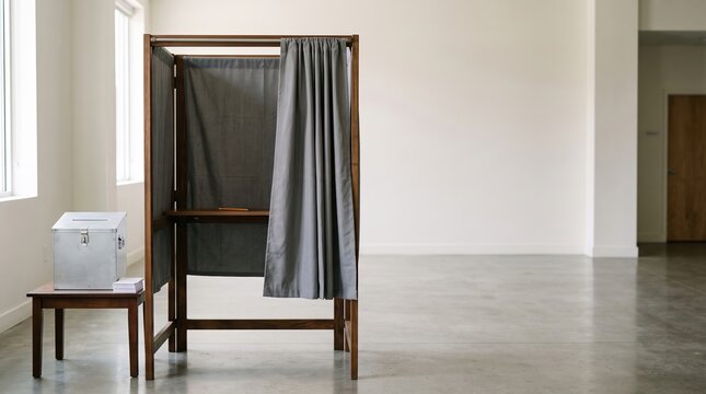 Empty voting booth and ballot box