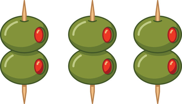 Green Olives Stuffed with Pimiento on Toothpicks Cocktail Garnish Vector Illustration Set for Bar and Restaurant Designs