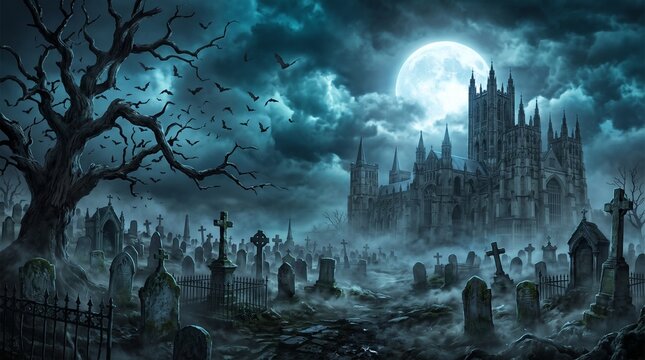 Graveyard cemetery to castle In Spooky scary dark Night full moon and bats on dead tree. Holiday event halloween banner background concept.