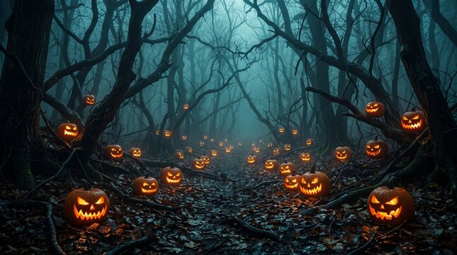 Halloween pumpkins in the forest at night.Halloween background with Evil Pumpkin. Spooky scary dark Night forrest. Holiday event halloween banner background concept