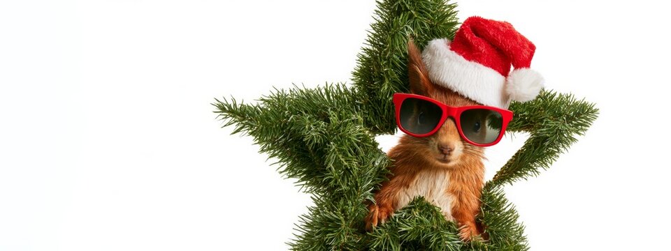 Merry Christmas xmas celebration, animal concept holiday vacation winter greeting card postcard - Funny red squirrel with santa hat peeking out of a star, isolated on white background