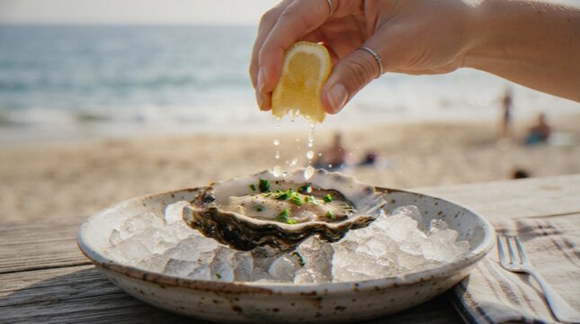 A close-up shot of a hand squeezing a lemon wedge over a fresh raw oyster served on crushed ice at a beachside table.