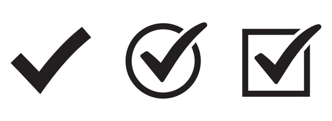 Three variations of classic checkmark graphic showing simple tick sign circular checkbox and square tick box for forms and verification systems. © Akbar-Visuals