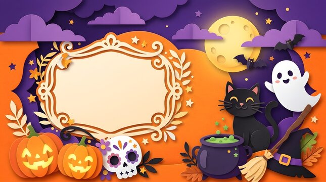 Halloween background with ornate frame pumpkins ghost black cat and sugar skull for festive holiday invitations