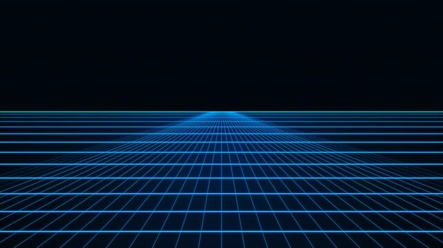 Digital grid landscape with glowing blue lines receding into darkness