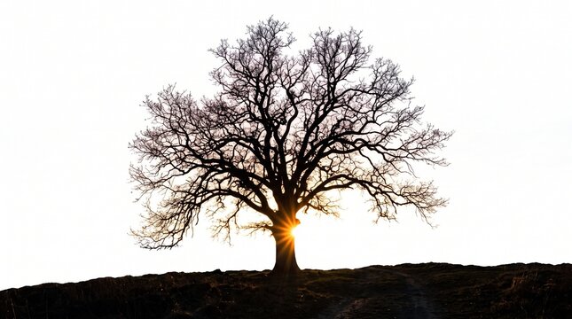 Silhouette of Oak Tree with Sun Flare at Dramatic Sunset Sky Photo for Landscape Nature, Sunset Horizon, Countryside, and Twilight Solitude
