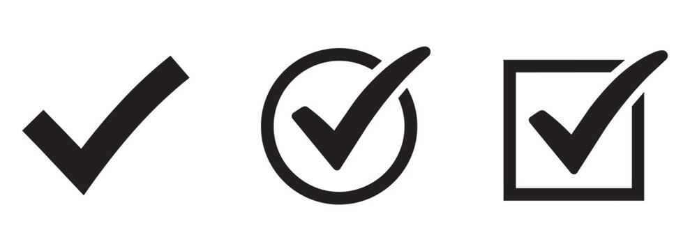 Three variations of classic checkmark graphic showing simple tick sign circular checkbox and square tick box for forms and verification systems.