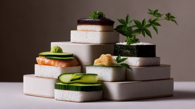 An artistic arrangement of sushi on a tiered display, featuring vibrant colors and textures
