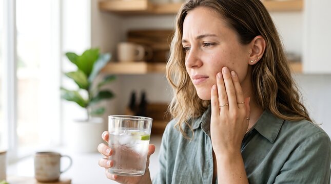 A young woman with a pained expression holds a glass of iced water, touching her cheek due to tooth sensitivity or discomfort in her kitchen.