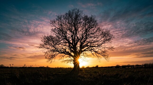 Silhouette of Oak Tree with Sun Flare at Dramatic Sunset Sky Photo for Landscape Nature, Sunset Horizon, Countryside, and Twilight Solitude