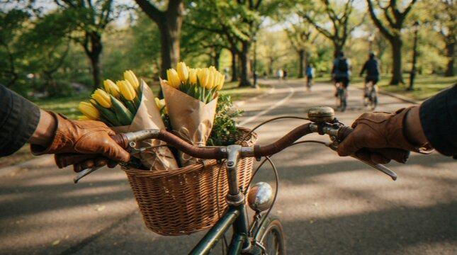 First-person view of someone riding a bicycle through a sunny park with a wicker basket full of wrapped yellow tulip bouquets in the front.