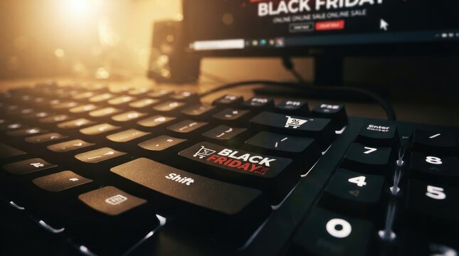 A computer keyboard with a custom black friday key in a dimly lit office setting, with a monitor displaying online sales in the background black friday