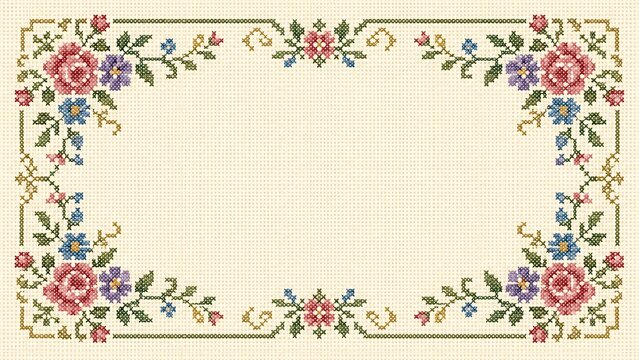 Vintage floral cross stitch embroidery frame with roses and wildflowers decorative border on fabric background