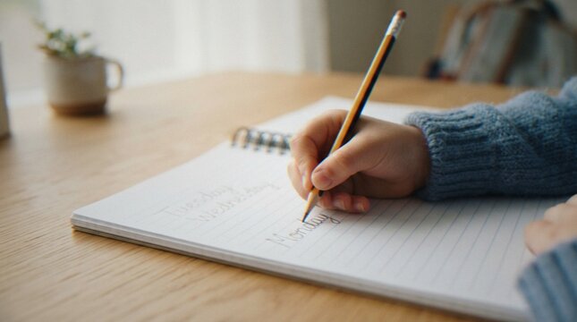 Close-up of a person's hand wearing a blue sweater writing the word Monday with a yellow pencil in a lined notebook on a wooden desk.