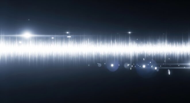 Horizontal white audio waveform frequency visualization with bright lens flare light effects and floating particles on a dark black background, representing sound waves, and digital music data