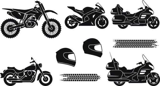 Motorcycle Silhouette Icon Set with Dirt Bike, Sportbike, Cruiser, Touring Motorcycle, Helmets, and Tire Track Symbols