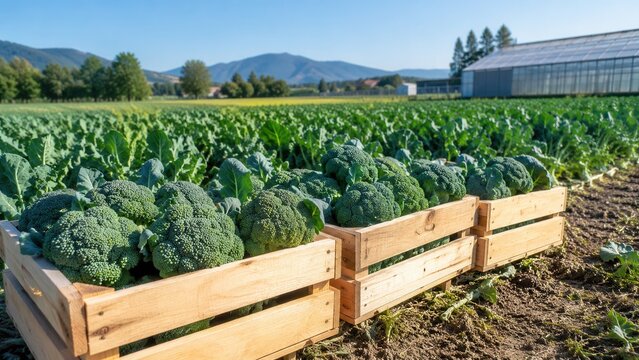 Fresh broccoli harvest in wooden crates on fertile farm field with greenhouse and scenic rural landscape