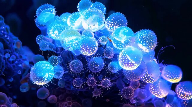 Glowing blue microscopic organisms clustered in dark aquatic environment, luminous biology visualization, scientific microbiology, bioluminescent cell colony.