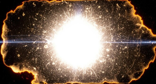 Intense explosion of bright white light surrounded by a glowing orange ring of fire and scattered particles, resembling a cosmic supernova or a powerful energy blast in deep space darkness