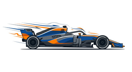 Fototapeta premium Flat Vector Illustration of a Modern Open-Wheel Formula Race Car with Blue and Orange Livery, Featuring Dynamic Aerodynamic Speed Lines and Motion Effects on a White Background.