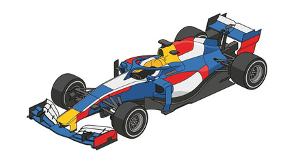 Fototapeta premium Isometric Vector Illustration of a Modern Formula 1 Racing Car with Blue Red and White Livery, Professional Motorsports Vehicle Concept Graphic Isolated on White Background