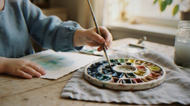 A close-up shot of a young child painting with watercolors, holding a paintbrush over a circular ceramic paint palette on a wooden table.
