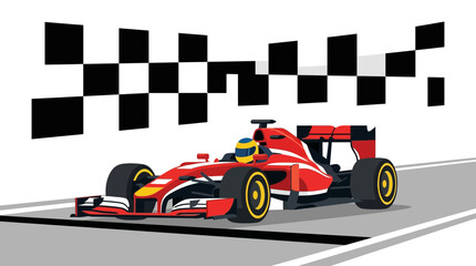 Fototapeta premium Red and White Formula 1 Racing Car Speeding on Asphalt Track with Checkered Flag Background, Flat Vector Illustration of Professional Open-Wheel Motorsport Race Car and Driver.