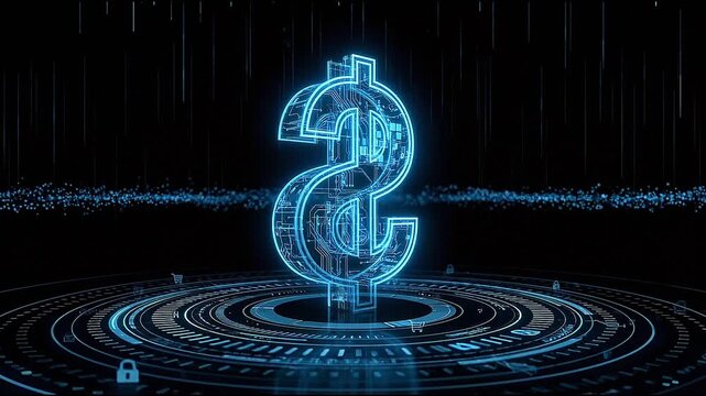 Futuristic glowing blue dollar sign symbol on digital cyber technology background representing finance and secure digital currency transactions
