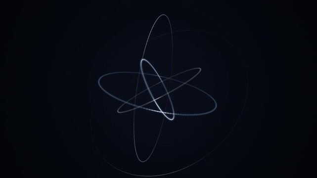 Abstract depiction of light trails forming atomic orbits against a dark background