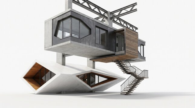 Futuristic Modular Architectural Building Design with Geometric Concrete and Glass Structures Isolated on a Clean White Background