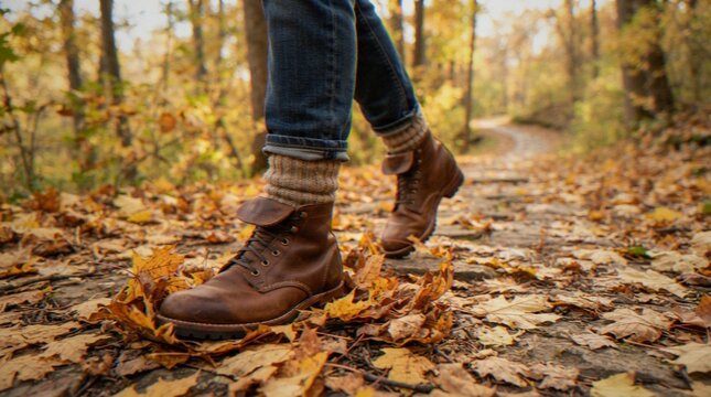 A close-up view of a person wearing rugged brown leather boots and woolen socks walking on a path covered with fallen autumn leaves in a forest.