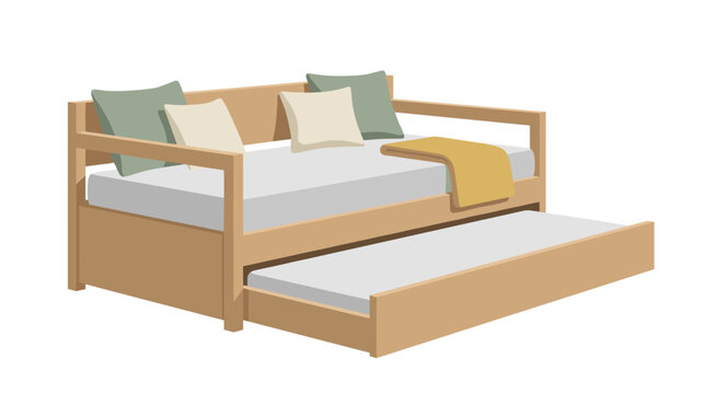 Modern wooden daybed with trundle guest bed feature, minimalist furniture vector illustration with pillows on white background