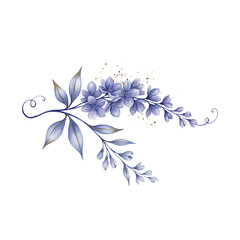 Fototapeta premium Watercolor purple flowers with leaves and gold paint splashes isolated on a transparent background
