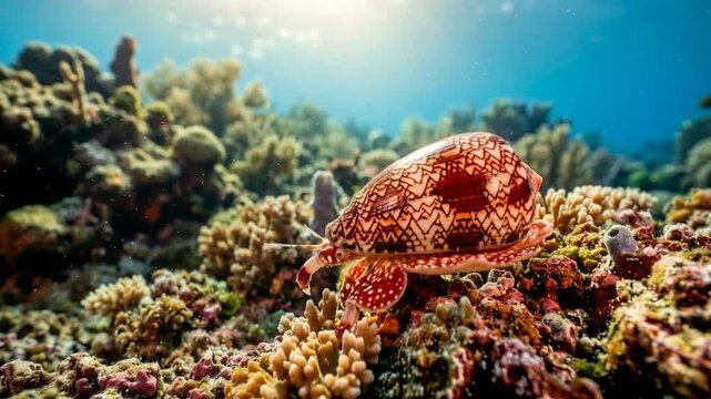 cone snail with orange pattern moving underwater in great barrier reef australia close up video