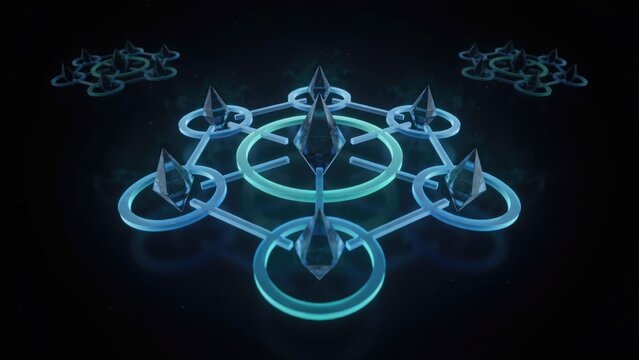 Glowing blue geometric network with floating crystal pyramids