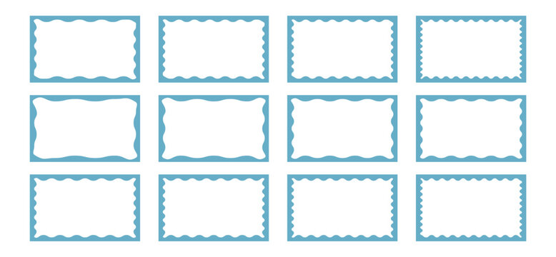 Set of rectangle frames with wavy edges. Zigzag wavy edges, rectangles, photo frames, text boxes, tags, labels. Color rectangle frames with wiggly borders.