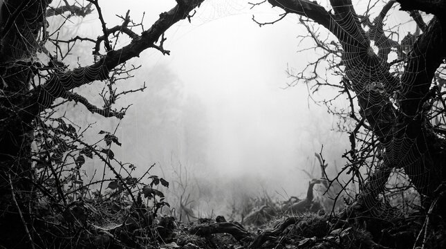 Scary spider webs are framing a foggy background in this halloween themed banner
