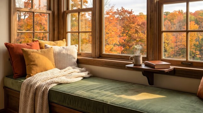 Cozy autumn reading nook by a large window overlooking vibrant fall trees. Comfortable seat with pillows, knit blanket, coffee mug, and book in warm sunlight. Relaxing home interior