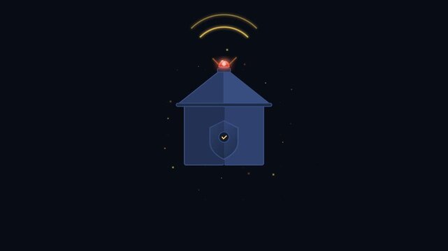 Blue fire station alarm beacon flashing with golden radio signal waves on dark background firefighter emergency response notification loop animation