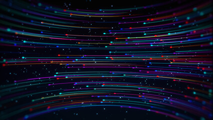 Obraz premium Colorful 3D curved particle lines and glowing light trails sweep through deep starry space, creating a futuristic digital background for technology, innovation, science, and modern media.