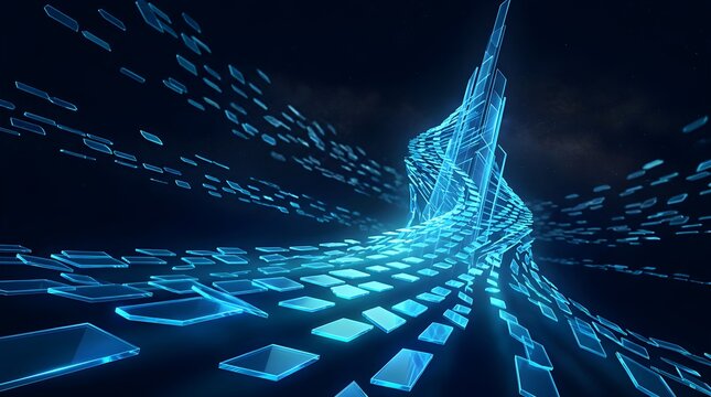 Abstract blue digital data stream with glowing geometric tiles and network connectivity.