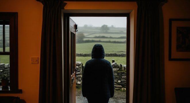 Person wearing a dark blue hooded jacket standing in an open doorway looking out at a green rural landscape with stone walls and rolling hills under a cloudy overcast sky in the countryside