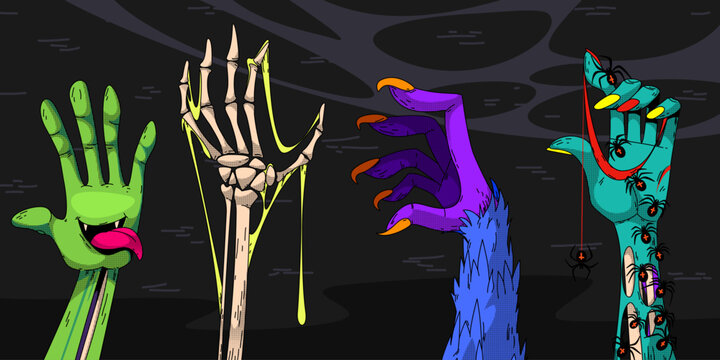 Set of zombie hands with creepy fingers isolated on black. Vector illustration of spooky Halloween monster arms rising from underground, skeleton with slime, palm with tongue, horror poster designs