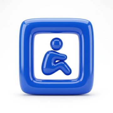 Glossy blue square icon featuring a stylized person sitting down isolated on a white background