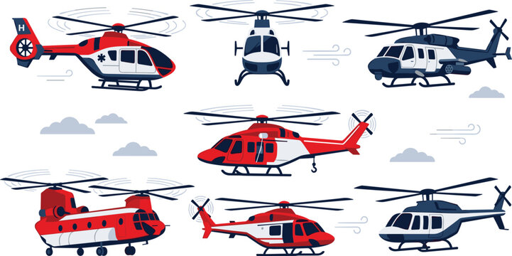 Emergency Rescue and Military Helicopter Aircraft Vector Illustration Set with Medical Chopper Chinook Cargo and Police Copter Graphic Designs