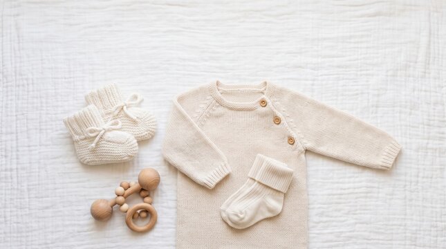 Neutral Cream Baby Knitted Sweater Socks and Booties Layette Flat Lay